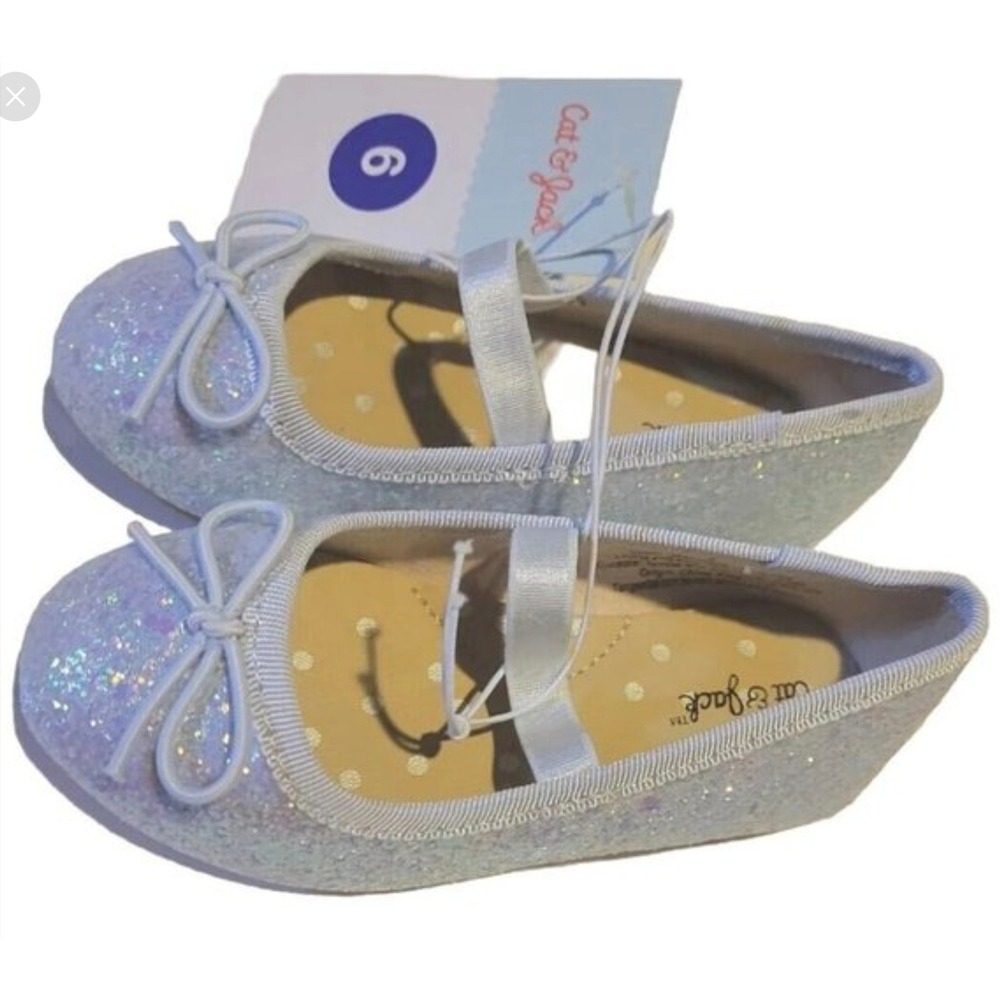 Cat & Jack Toddler Girls Silver Lily Glitter Ballet Flats Bow Strap Shoes Size 6 - Picture 2 of 6